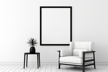 Modern white living room with chair and black poster frame. Scandinavian minimalism for home staging