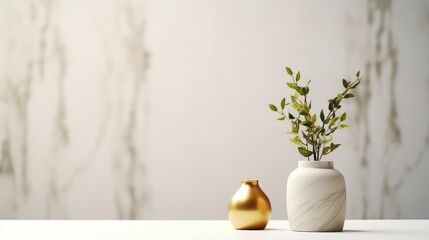Vase and plants isolated on white marble table and white vas