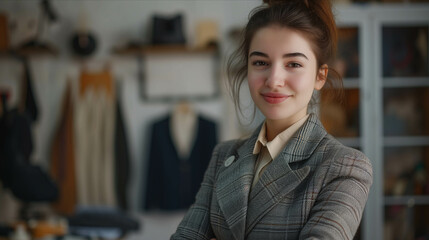Fototapeta premium Caucasian woman smiling with confidence in tailor shop.