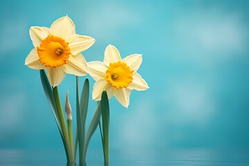 Vibrant yellow daffodils on serene blue background. Springtime bloom and floral beauty