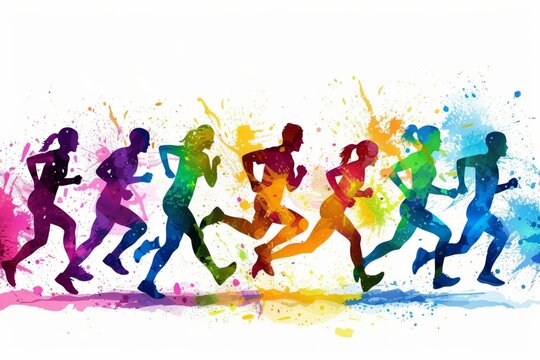 silhouette of a group of runners running together with splash of colors
