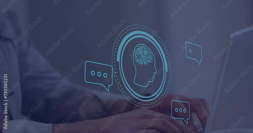 Aufkleber animation of brain and ai data processing over caucasian man typing on computer