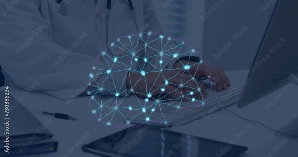 Poster animation of ai data processing over caucasian male doctor typing on computer