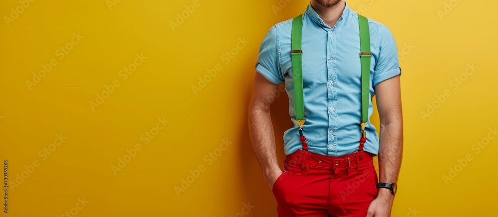 Poster Close-up image of handsome man quietly approaching his partner in a surprise visit, dressed in blue shirt, green suspenders, and red pants, with distinct yellow background.