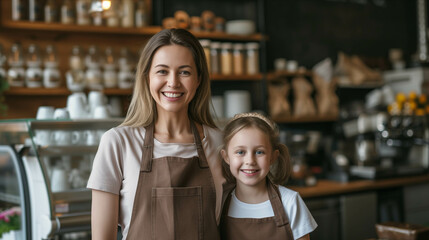 Caucasian mother and daughter hugging each other in a coffee shop.