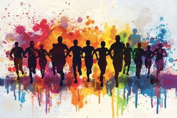 silhouette of a group of runners running together with splash of colors
