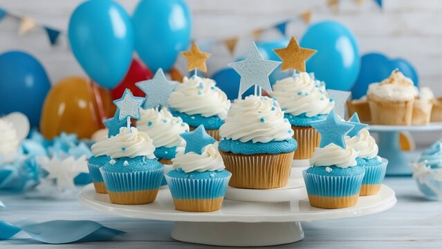 birthday cupcakes with star stars A birthday party with blue cupcakes on a cupcake stand. The cupcakes have white frosting  