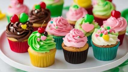 cupcake with pink frosting A festive photo of  different cupcakes on a white plate. The cupcakes are in different colors 