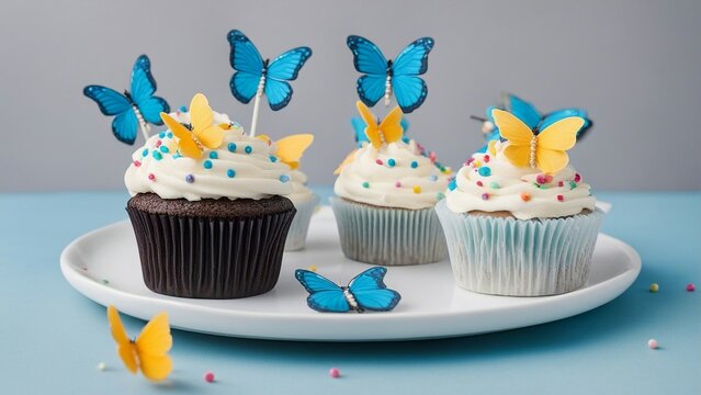 cupcake with butterfly Cupcakes with cream and sugar butterflies and birthday candles on a white plate.  
