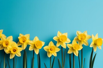 Vibrant yellow daffodils on serene blue background. Springtime bloom and floral beauty concept