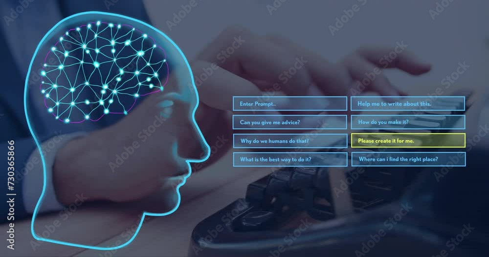Leinwandbilder animation of brain and ai data processing over caucasian woman using computer