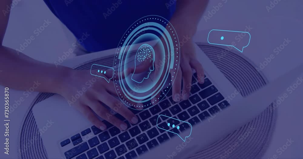 Aufkleber animation of brain and ai data processing over caucasian woman using computer