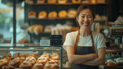 Asian woman wearing an apron with arms crossed inside a bakery shop. - obrazy, fototapety, plakaty
