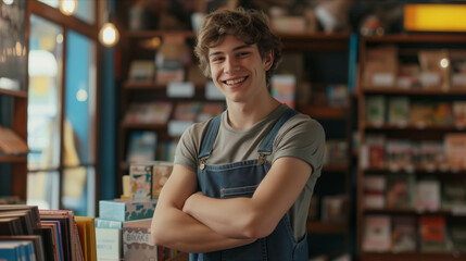 Obraz premium A Caucasian male bookstore owner is confidently folding his arms in a bookstore.