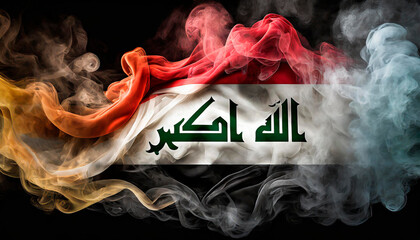 National flag of Iraq made of smoke, isolated on black background. Three equal horizontal stripes of red, white, and black with the inscription in Kufic script “Allāhu akbar” (“God is great”)