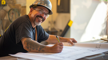 Cheerful construction worker holding blueprint and pencil, actively engaged in home interior redesigning project. Professional builder in hardhat planning and conceptualizing, bringing new life to res
