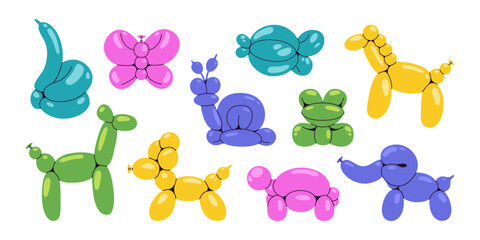 Animal balloon sculptures set. Turtle, frog, fish, butterfly, poodle, elephant, swan, horse figures. Balloon twisting concept. Kid birthday and party entertainment.