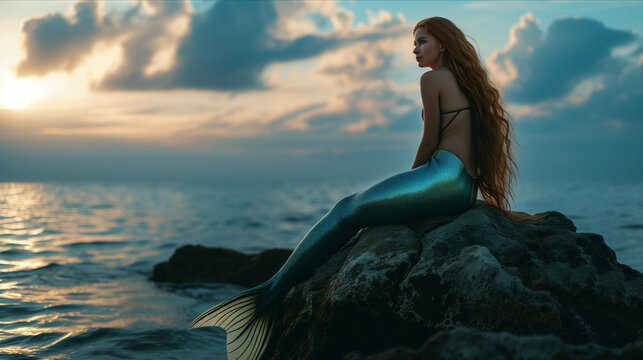 Young mermaid sitting on a rock on an island in the sea.
