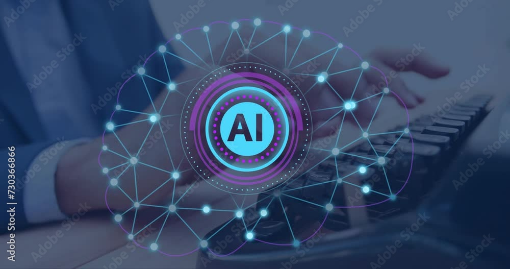 Poster animation of brain and ai data processing over caucasian woman using computer