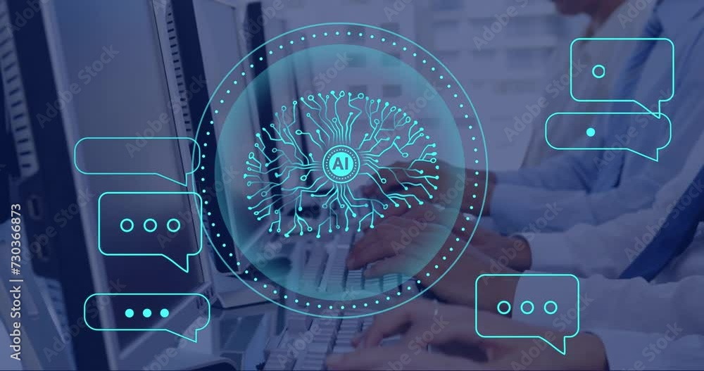 Poster animation of ai data processing and brain over diverse people using computers