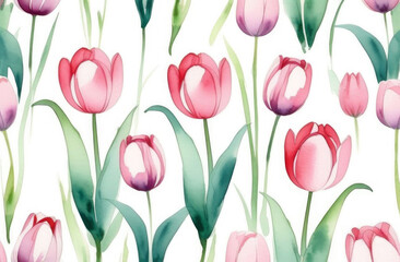 Watercolor red tulips pattern on white background