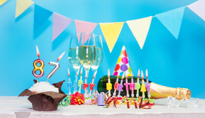Date of birth with candles and number  87. Anniversary greeting card. Holiday decorations. Happy...