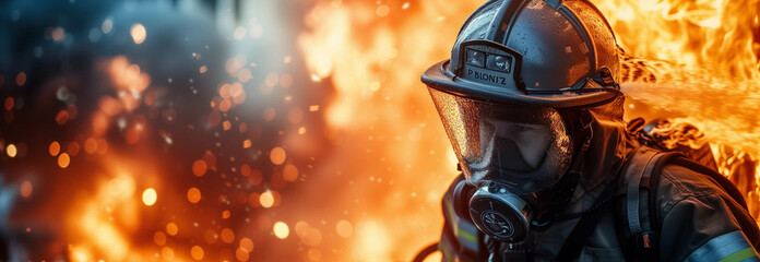Caucasian male firefighter performing duties in a burning building.