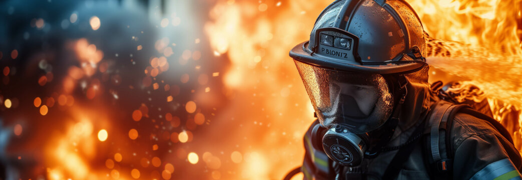 Caucasian male firefighter performing duties in a burning building.