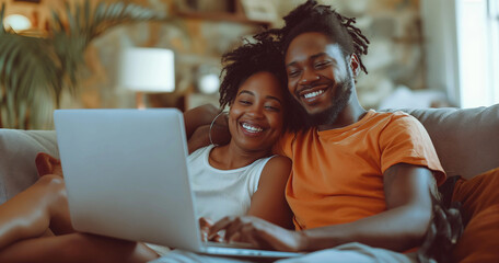 looking happy couple using computer and enjoying each other's company in their modern home.