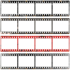 Four pictures film strip texture with blank space, png isolated background. Old grunge movie film long strip, vintage filmstrip roll frame