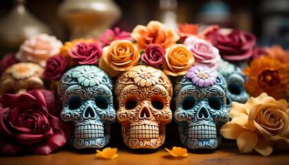 Fototapeta na wymiar Day of the Dead celebration colorful skulls on wooden table generated by AI
