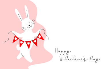 Valentine's day. Adorable bunny character with red flags and hearts. Print for tee, t shirt, sweatshirt, sticker, greeting, birthday, invitation, love cards, poster