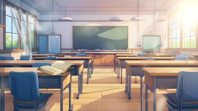 empty school or university classroom with big green chalkboard. Cartoon or anime illustration style. seamless looping 4K virtual video animation background