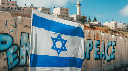 Israeli flag with the word "PEACE" on a wall. Middle East conflict. Israel - Palestine war. Terrorism.