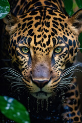 Obraz premium Beautiful Close-up shot of a jaguar drinking water in a jungle river surrounded by green leaves. World Wildlife Conservation concept.