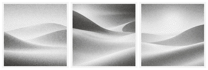 Dotwork hills, nature grain patterns set. Abstract white ocean wave background. Mountain landscape, dot grunge effect. Noise halftone gradient smooth texture. Stipple style duotone pointillism terrain - obrazy, fototapety, plakaty