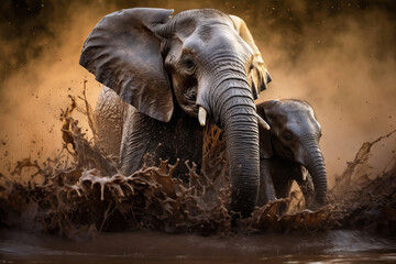 Mother elephant and baby refreshing in the river and splashing playfully muddy water. World Wildlife Conservation concept.