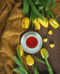 On Valentine's Day, yellow tulips with tea