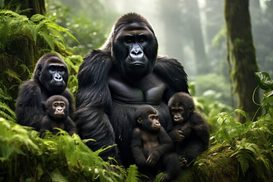 Portrait of Mountain gorillas family posing for the picture in the rainforest. World Wildlife Conservation concept.