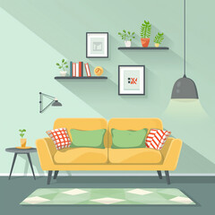 illustration of living room with sofa in flat vector design