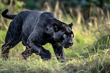 Stunning Black panther walking through a grassy field stalking and observing its surroundings. World Wildlife Conservation concept.