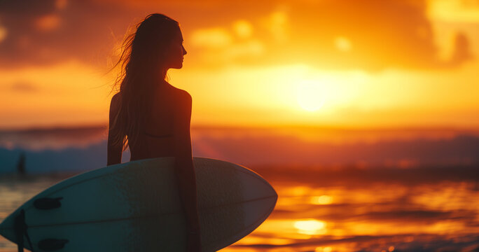 woman with a surfboard at sunset on the beach