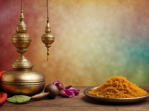Traditional Indian brass lamp and spices on a textured backdrop. Ethnic, cultural style. Spirituality, Hindu rituals concept. Suitable for design, banners, and advertising with copy space for text.