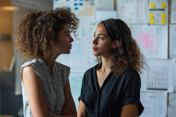 Technologically proficient female colleagues engaged in an intense discussion over software designs in a contemporary co-working space that buzzes with inspiration, collaboration, and productivity