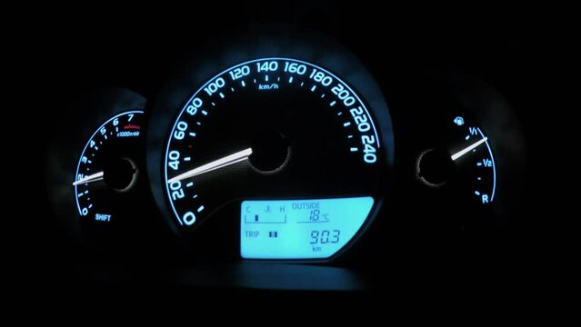 Dashboard with moving arrows of tachometer and speedometer, digital display of temperature, course made. Timelapse