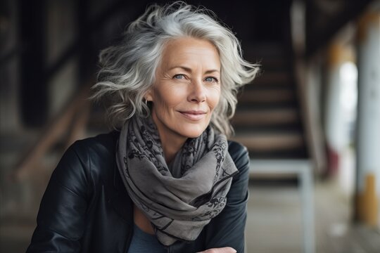 Portrait of a beautiful senior woman with grey hair wearing a scarf
