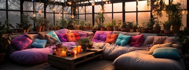 cozy interior with  large sofa and pillows in pastel colors with large window. relax, vacation, holiday concept. banner