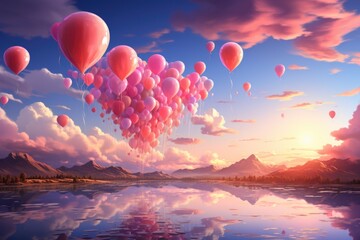 Fototapeta premium sky with pastel balloons. card for holiday, birthday, celebration. Freedom, sense of tranquility and joy concept. warm wishes and cheerful vibes.