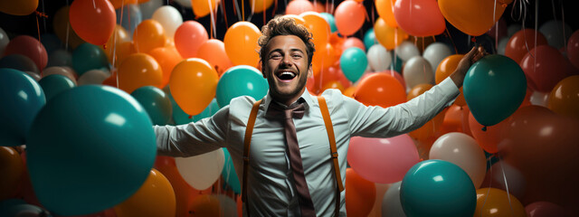 celebrating  personal achievements or just because concept.  happy man with balloons around. banner. copy space. banner
