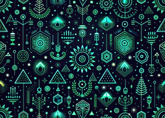 Seamless pattern on the theme of science and technology, cyberpunk style, dark background, turquoise neon glow, illustration for textile, wallpaper or packaging design